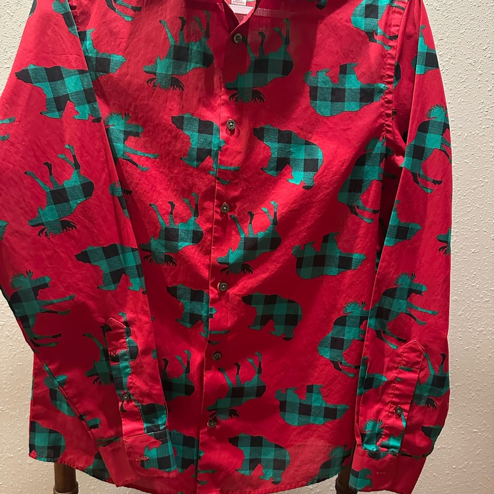Plaid Bear Print Men's Dress Shirt